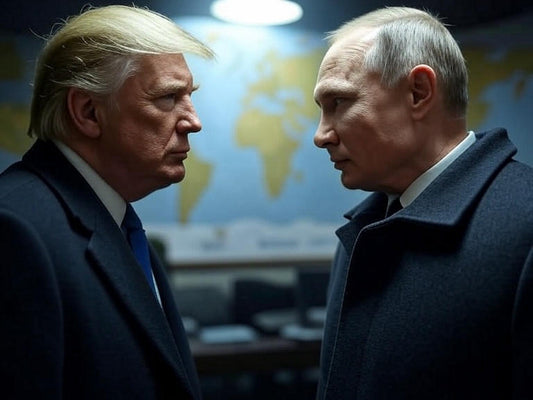 Two men, one with blonde hair, in a suit and the other with light-colored hair, in a dark coat, facing each other intently across a table in a room with a world map on the wall, evoking a tense Cold War-like standoff.